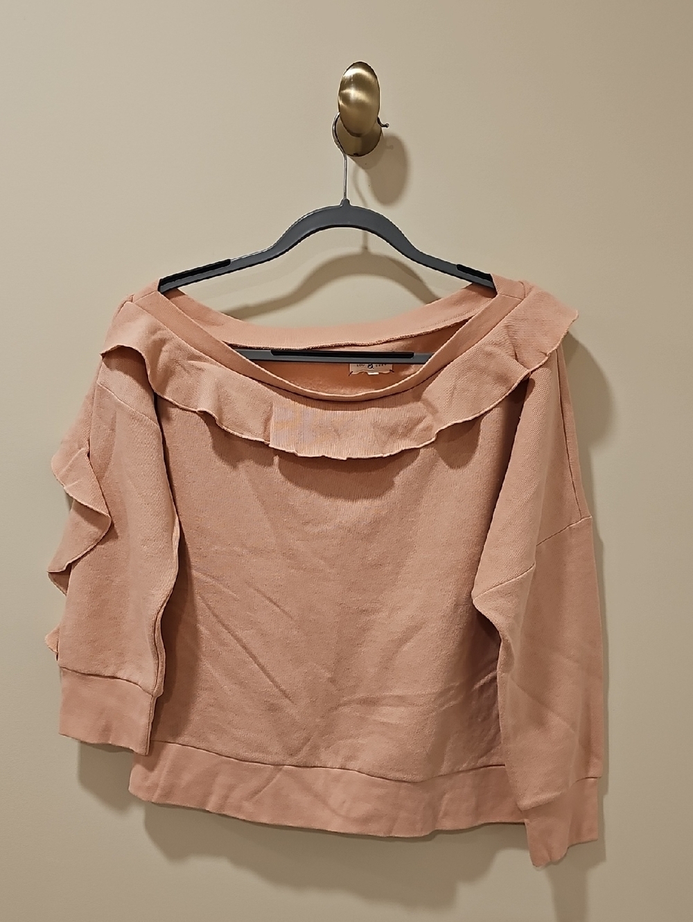 Lou & Grey Peachy Pink Ruffle-Trim Off The Shoulder Sweatshirt; Size L